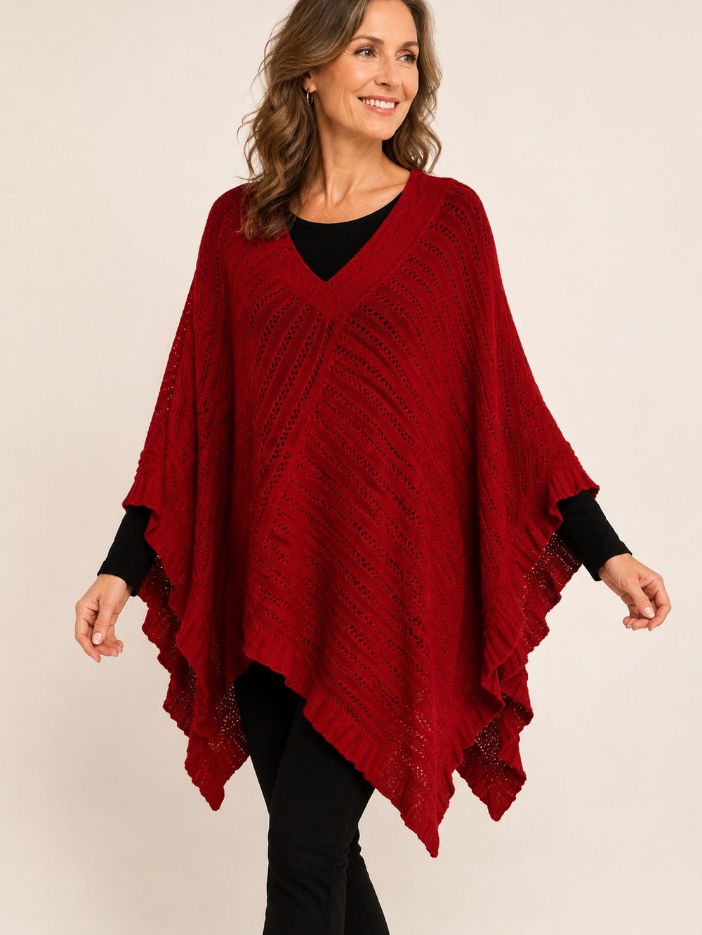Westbound Red V-Neck Knit Poncho